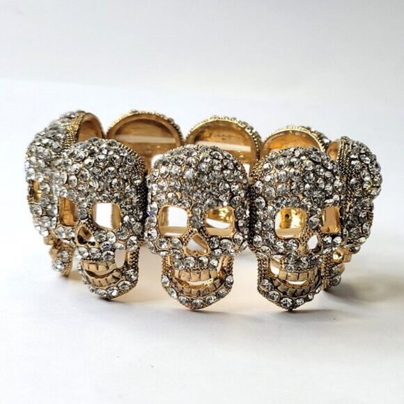 Gold Crystal Skull Bracelet Stretchy Skull Bracelet Halloween Bracelet - Picture 1 of 8